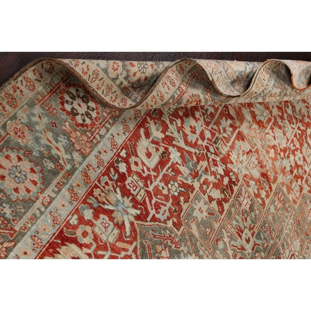 Antique Geometric Heriz Persian Area Rug Handmade Red Wool Carpet - 9'5" x 13'0"