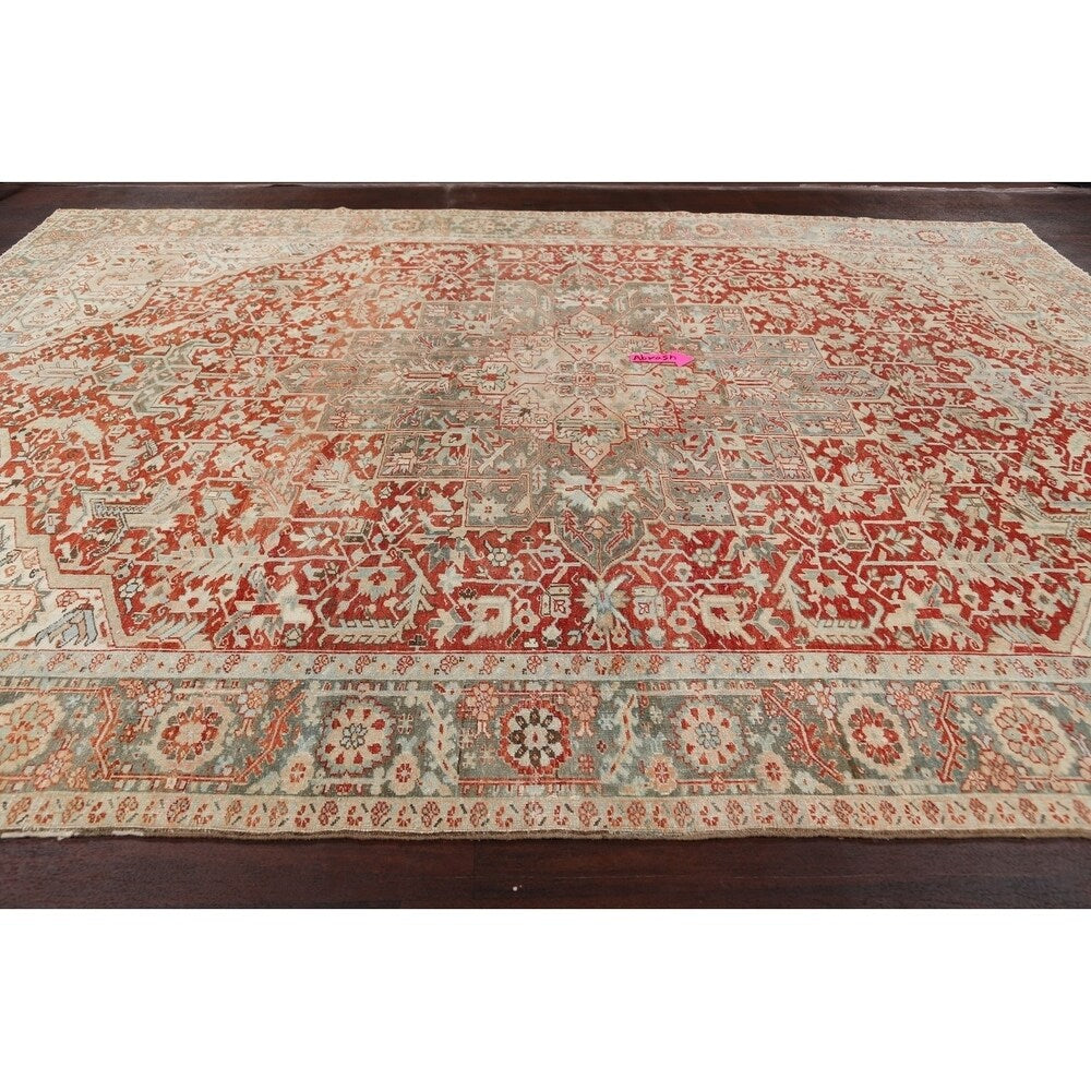 Antique Geometric Heriz Persian Area Rug Handmade Red Wool Carpet - 9'5" x 13'0"