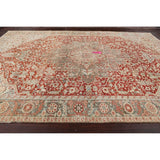Antique Geometric Heriz Persian Area Rug Handmade Red Wool Carpet - 9'5" x 13'0"