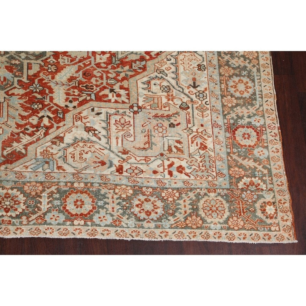 Antique Geometric Heriz Persian Area Rug Handmade Red Wool Carpet - 9'5" x 13'0"