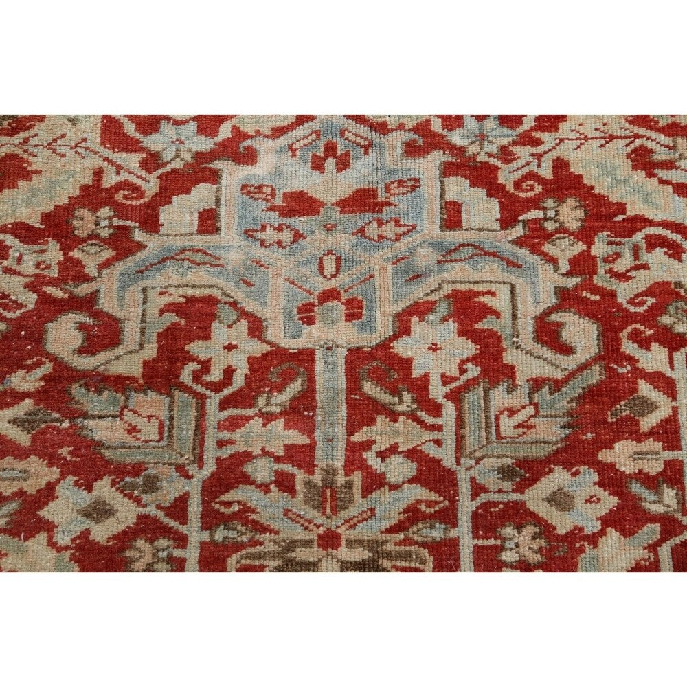 Antique Geometric Heriz Persian Area Rug Handmade Red Wool Carpet - 9'5" x 13'0"