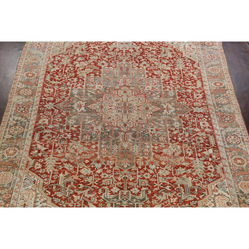 Antique Geometric Heriz Persian Area Rug Handmade Red Wool Carpet - 9'5" x 13'0"