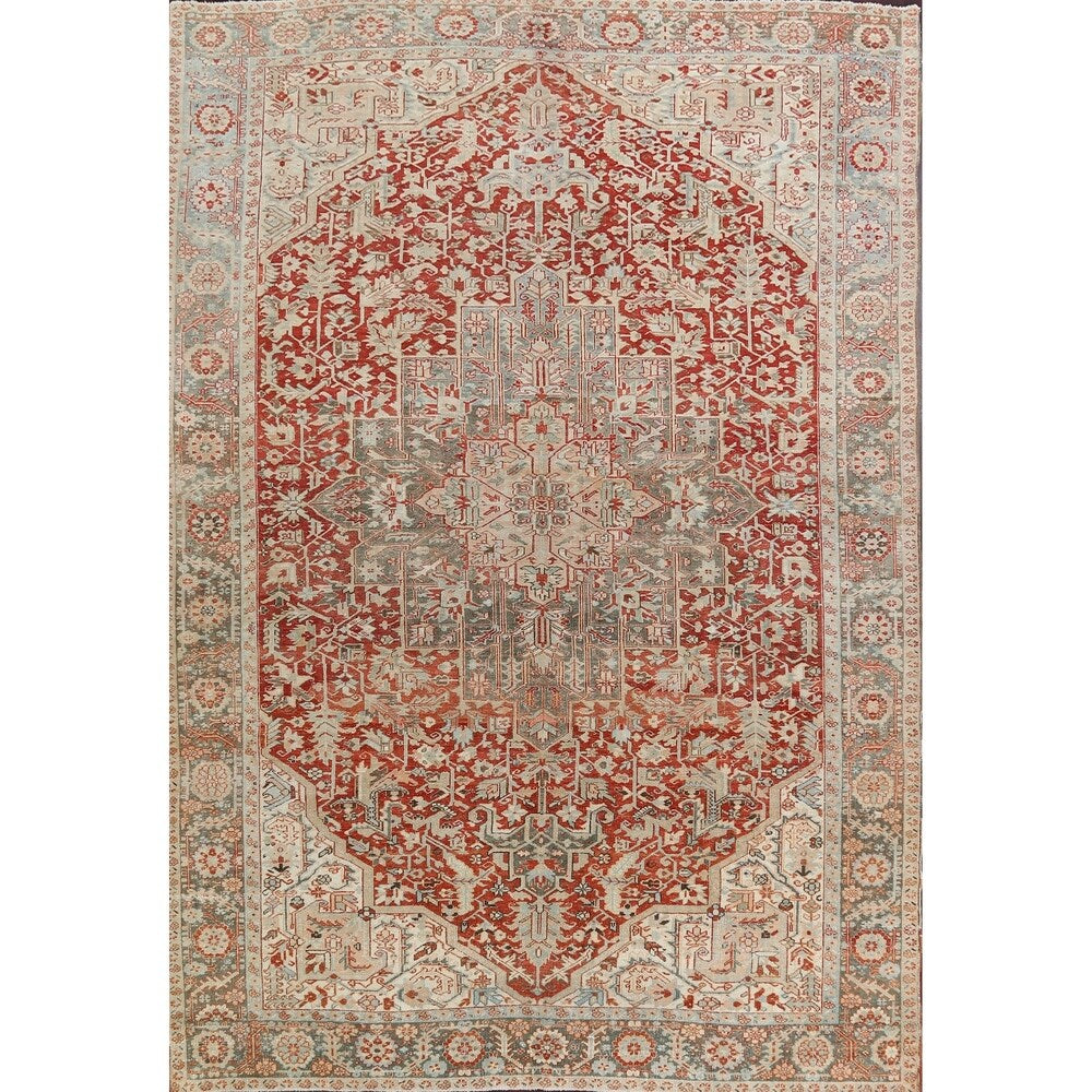 Antique Geometric Heriz Persian Area Rug Handmade Red Wool Carpet - 9'5" x 13'0"