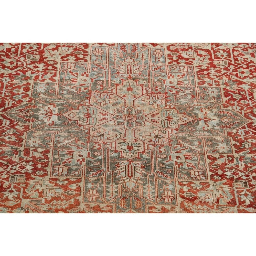 Antique Geometric Heriz Persian Area Rug Handmade Red Wool Carpet - 9'5" x 13'0"
