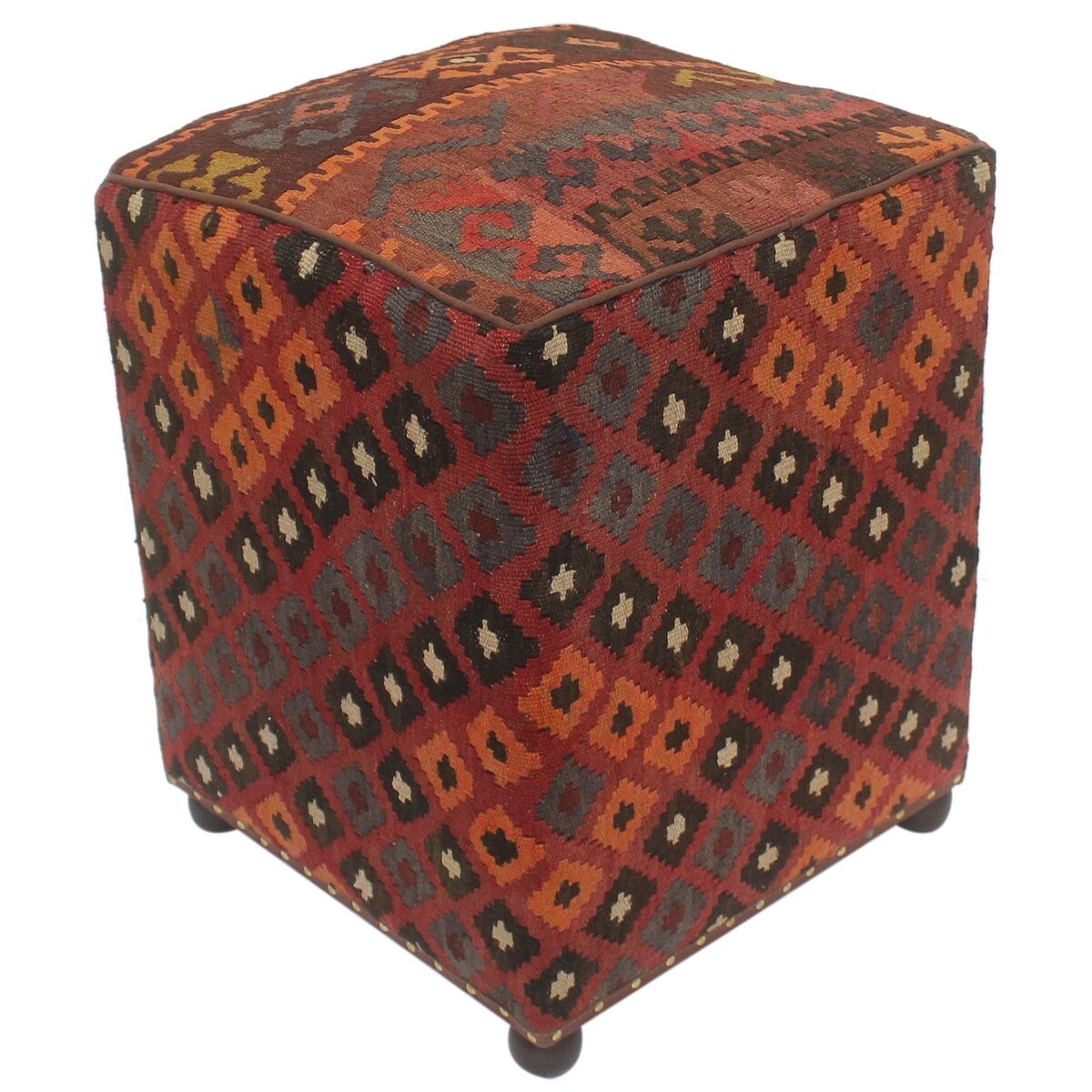 Antique Griffith Red/Orange Handmade Kilim Upholstered Ottoman
