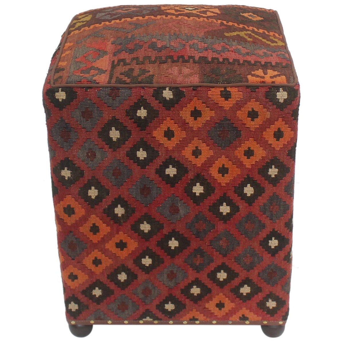 Antique Griffith Red/Orange Handmade Kilim Upholstered Ottoman