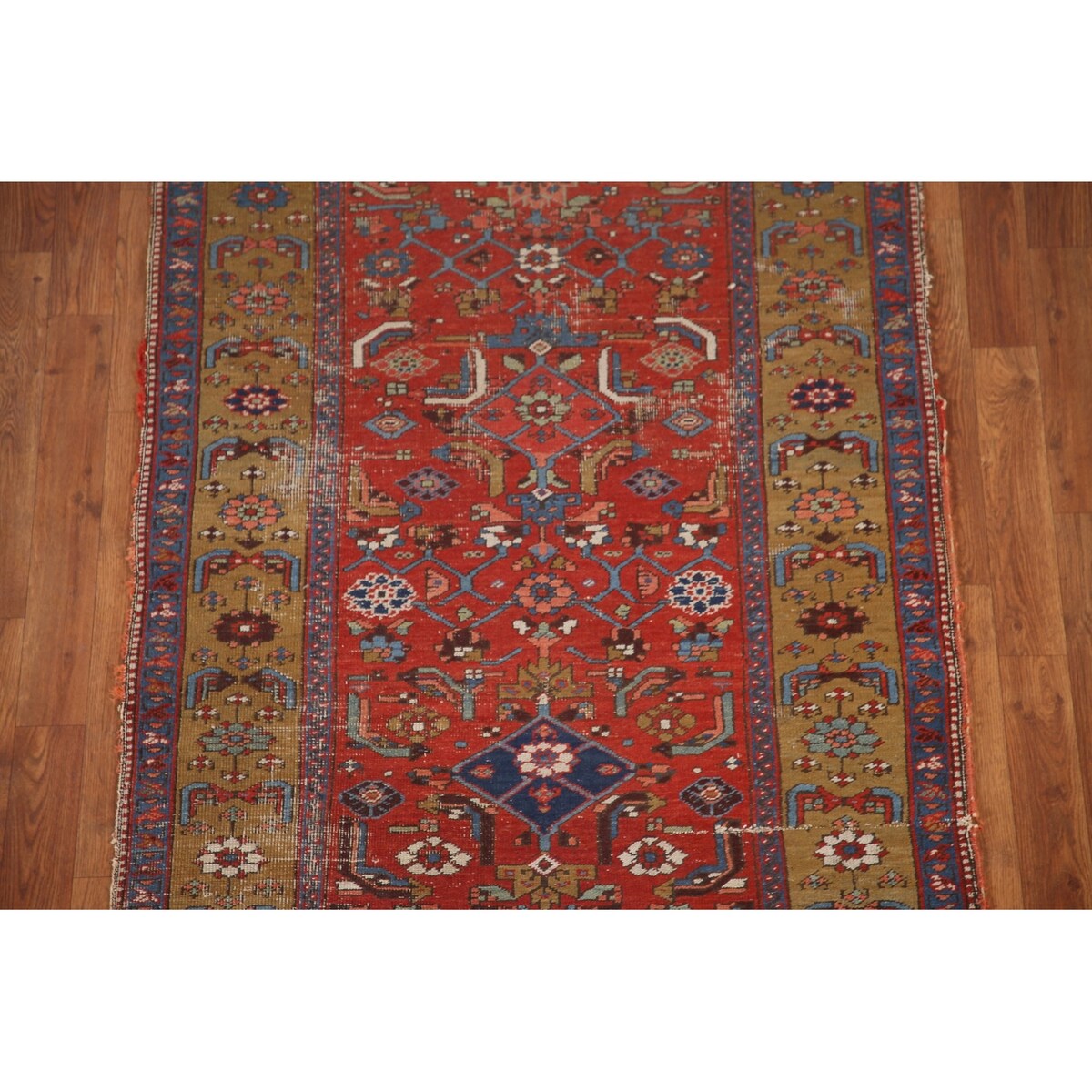 Antique Heriz Bakhshayesh Persian Runner Rug Red Handmade Wool Carpet - 3'4"x 11'0"