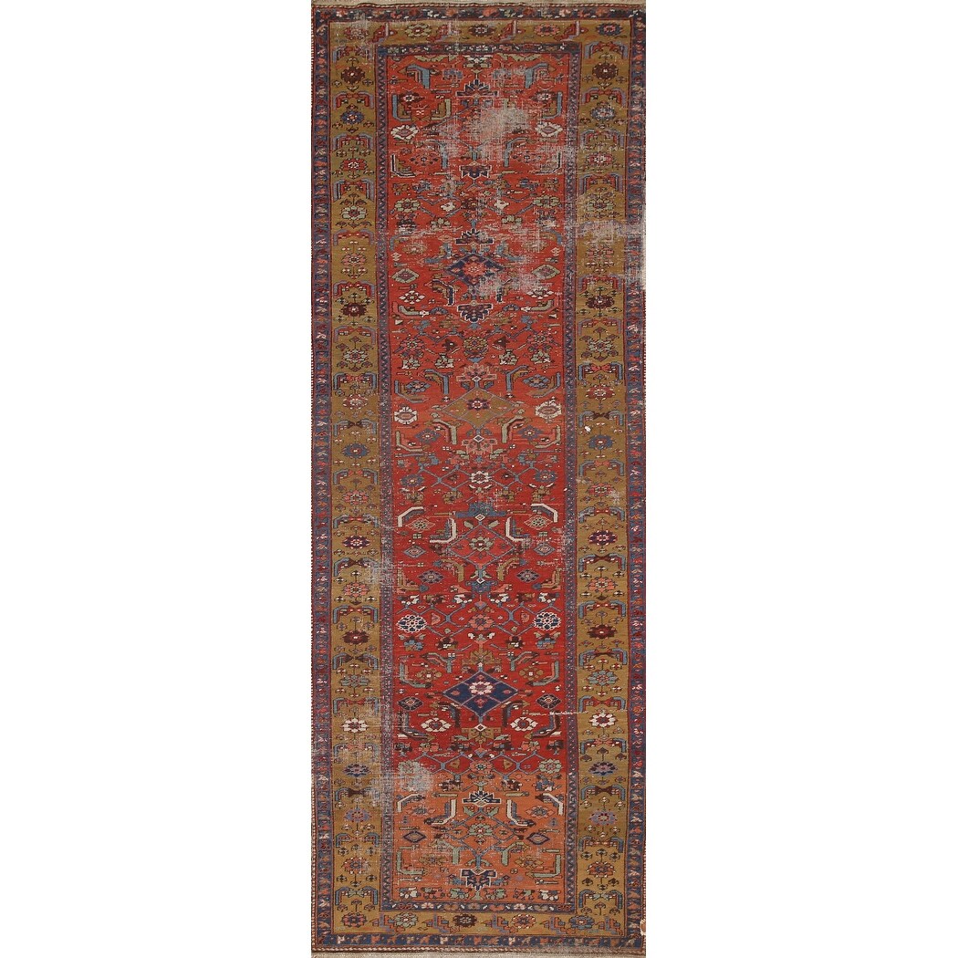 Antique Heriz Bakhshayesh Persian Runner Rug Red Handmade Wool Carpet - 3'4"x 11'0"