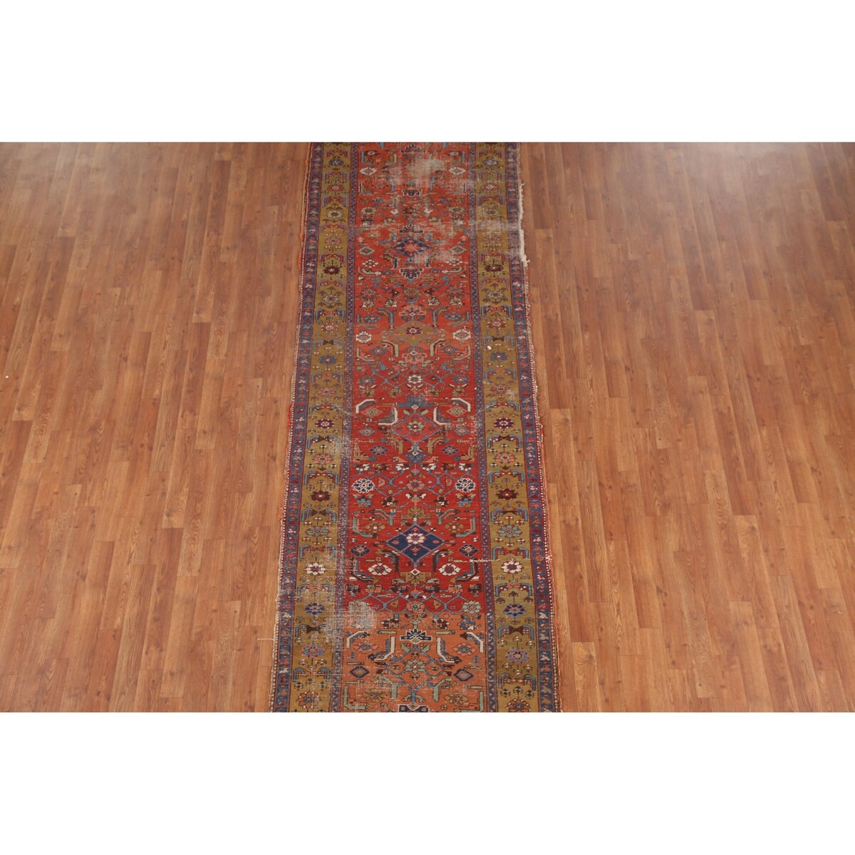 Antique Heriz Bakhshayesh Persian Runner Rug Red Handmade Wool Carpet - 3'4"x 11'0"