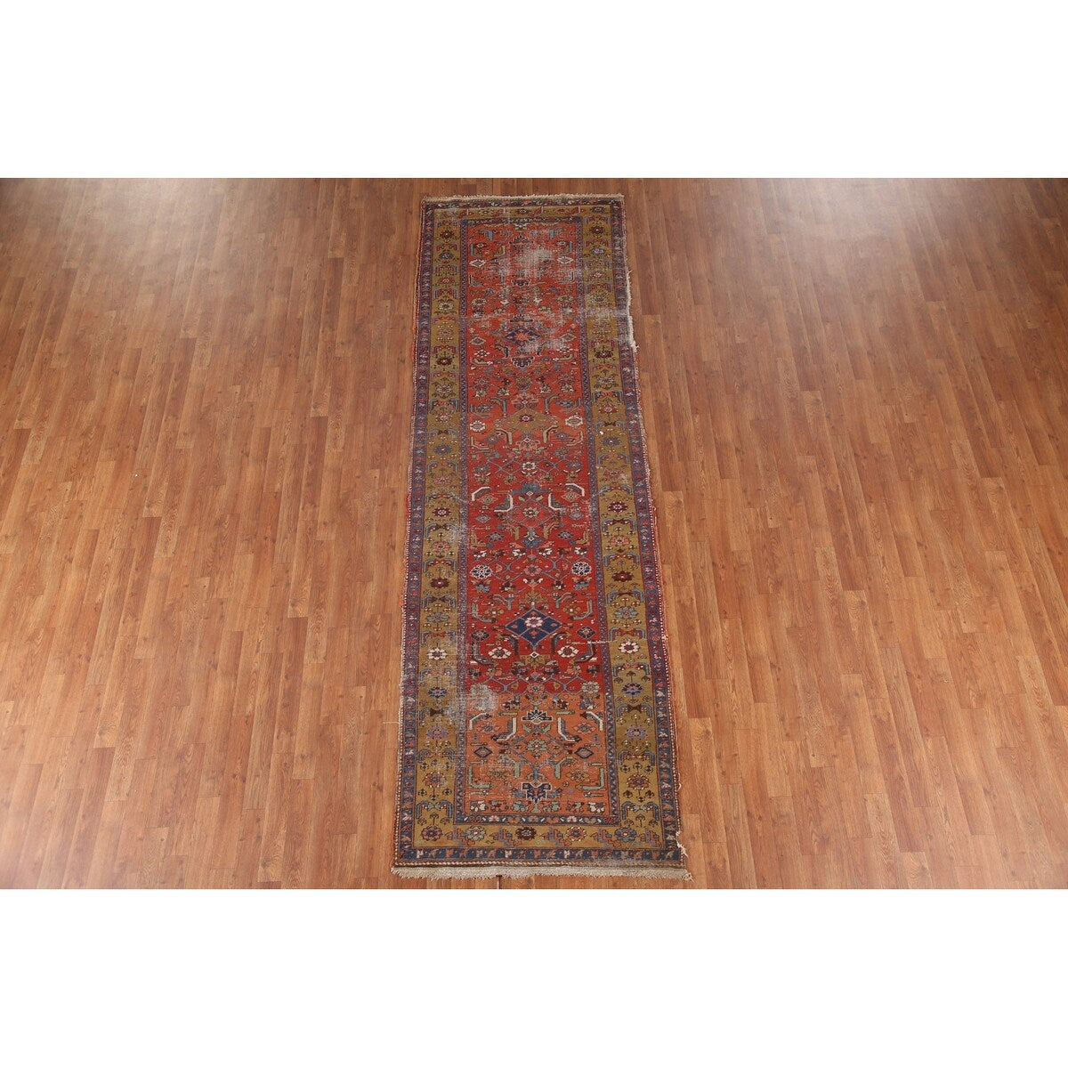 Antique Heriz Bakhshayesh Persian Runner Rug Red Handmade Wool Carpet - 3'4"x 11'0"