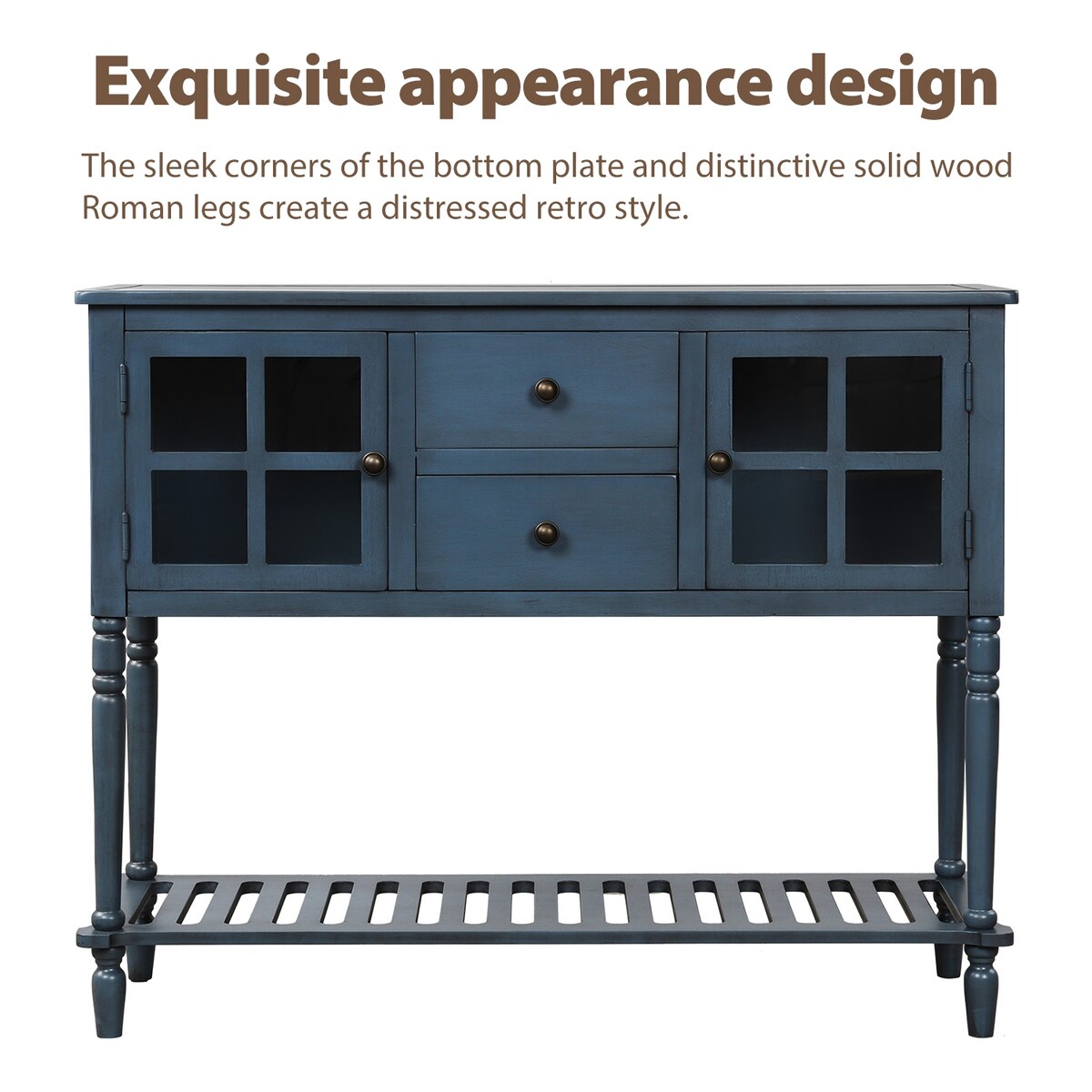 Antique Navy Sideboard Console Table with Bottom Shelf