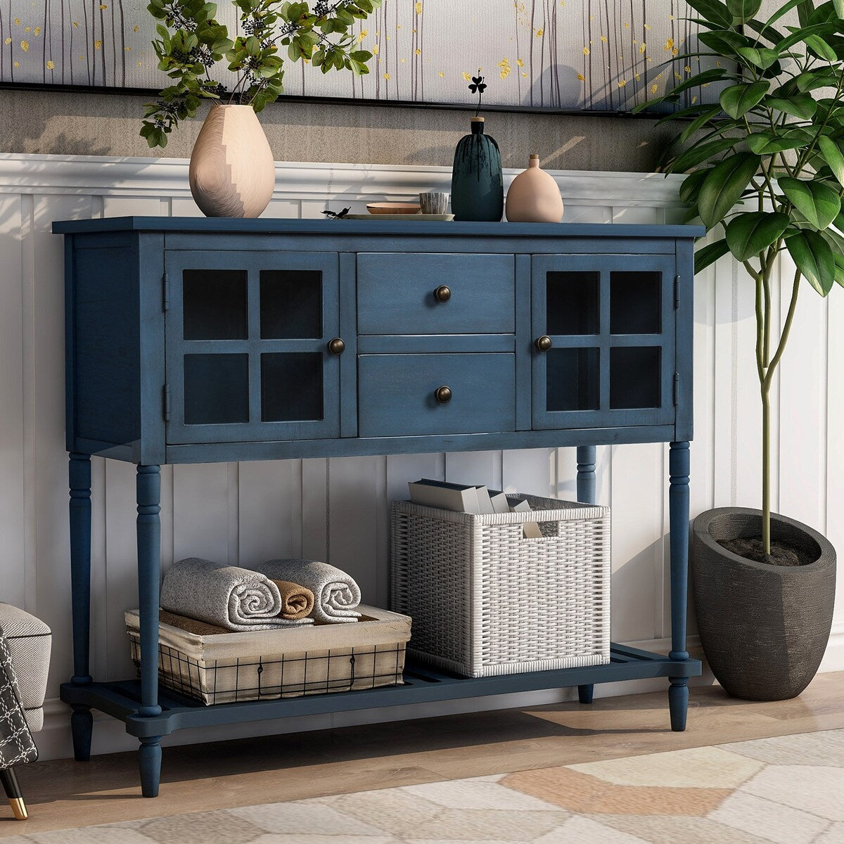Antique Navy Sideboard Console Table with Bottom Shelf
