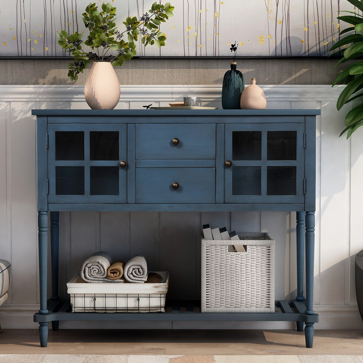 Antique Navy Sideboard Console Table with Bottom Shelf