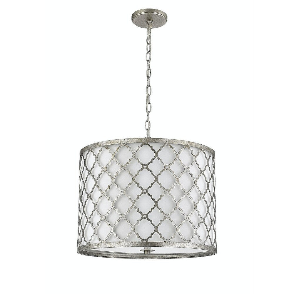Antique Silver Drum Pendant with 3 Lights and Transitional Shade