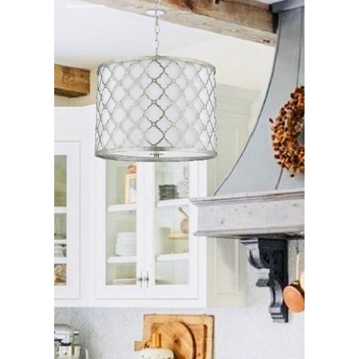 Antique Silver Drum Pendant with 3 Lights and Transitional Shade