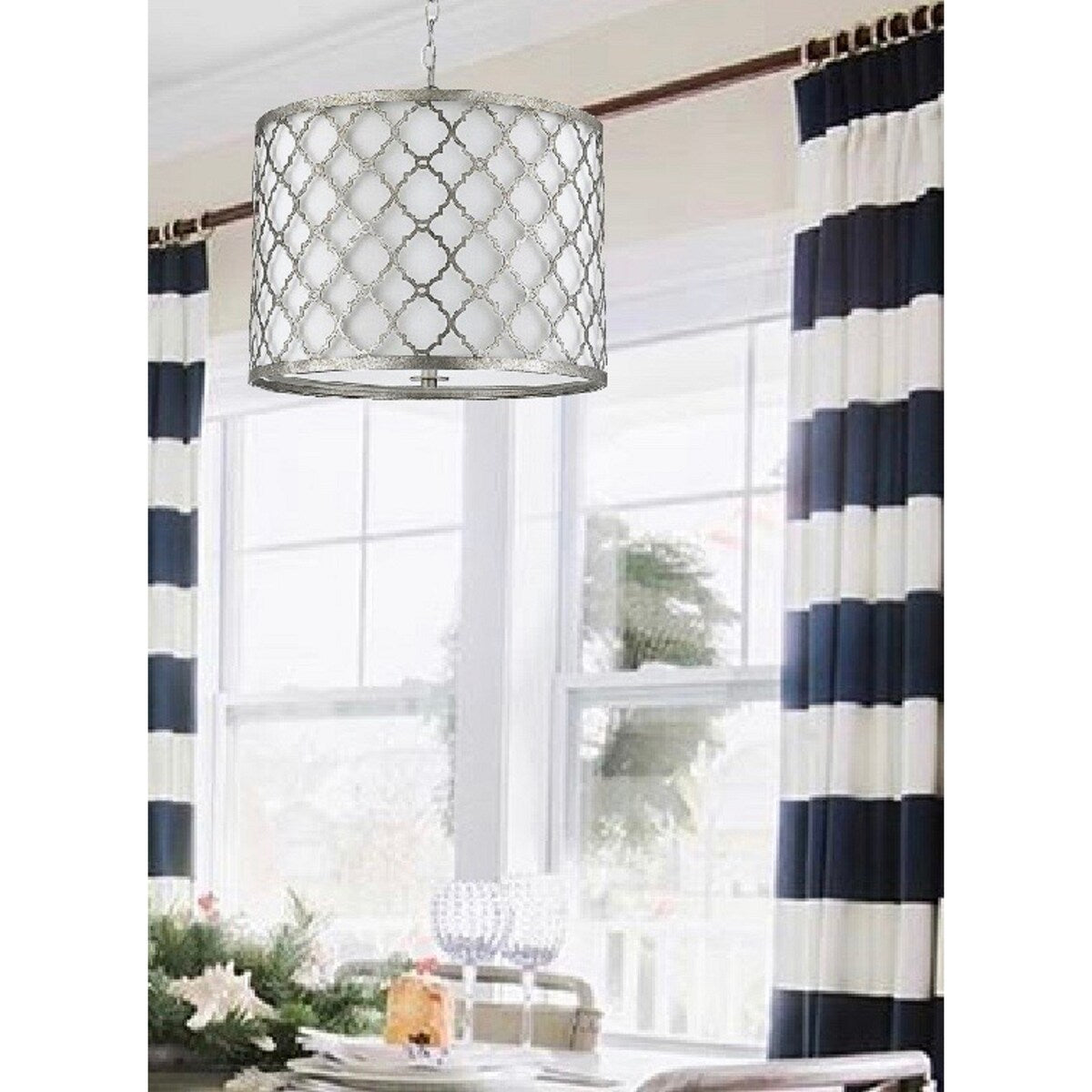 Antique Silver Drum Pendant with 3 Lights and Transitional Shade
