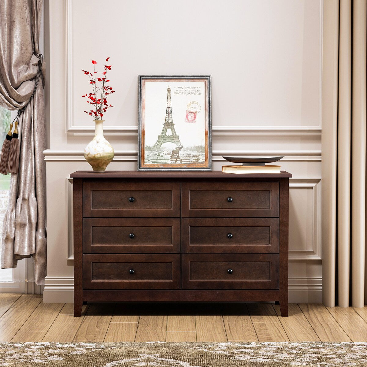 Antique Solid Wood 6-Drawer Dresser for Living Spaces