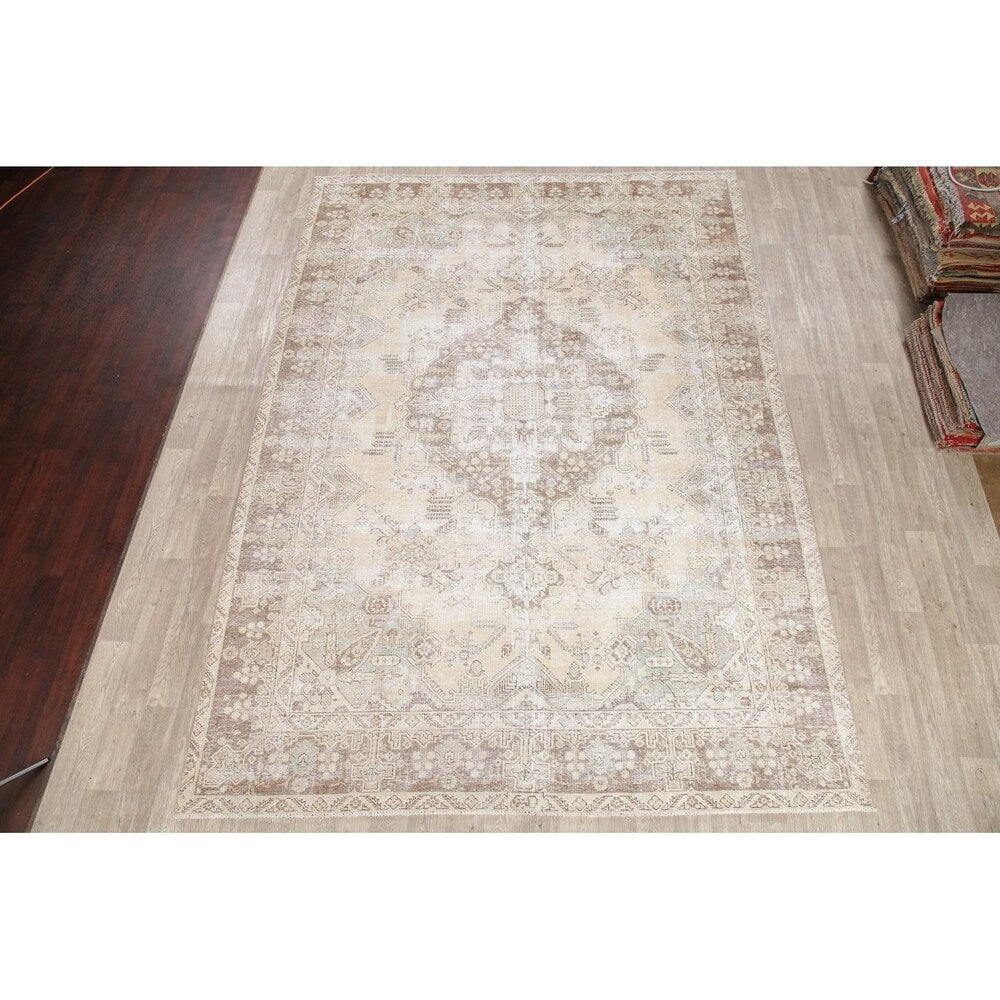 Antique Tabriz Oriental Hand Knotted Persian Muted Distressed Area Rug - 12'4" x 8'10"