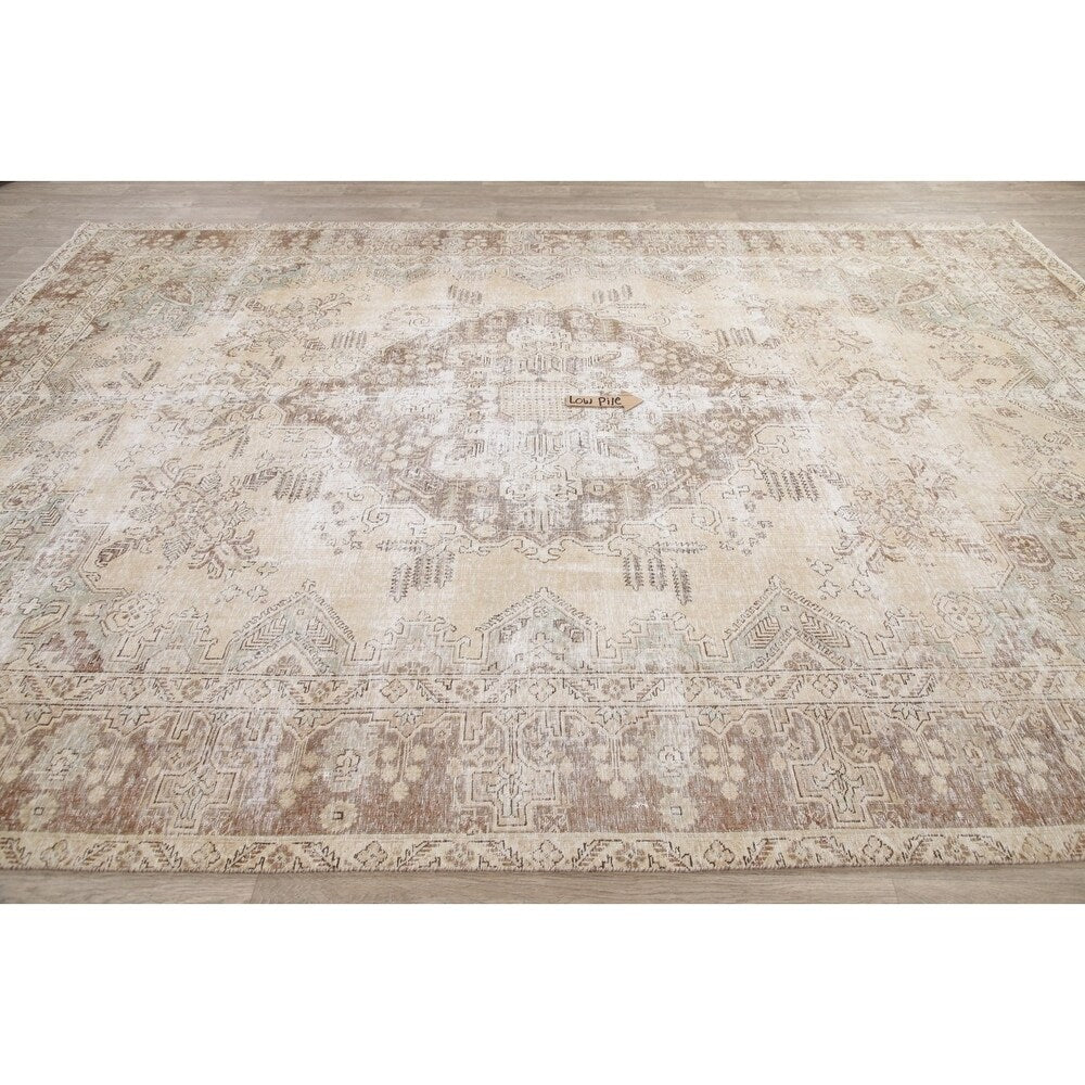 Antique Tabriz Oriental Hand Knotted Persian Muted Distressed Area Rug - 12'4" x 8'10"