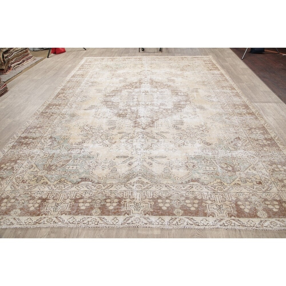 Antique Tabriz Oriental Hand Knotted Persian Muted Distressed Area Rug - 12'4" x 8'10"