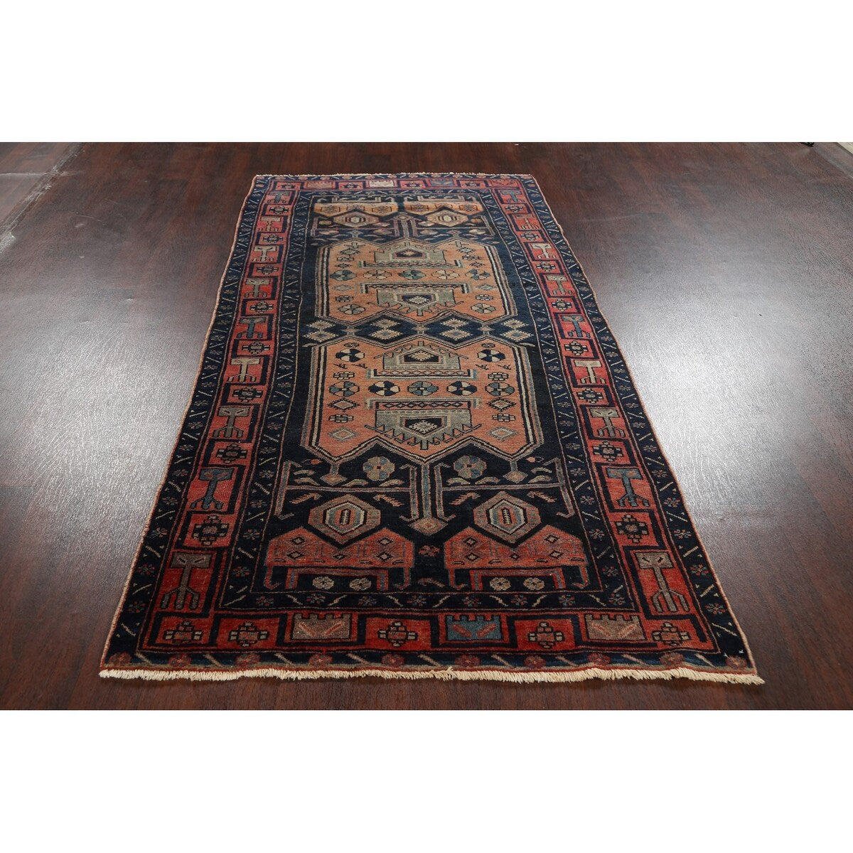 Antique Tribal Geometric Zanjan Persian Wool Runner Rug Hand-knotted - 4'2" x 8'6"