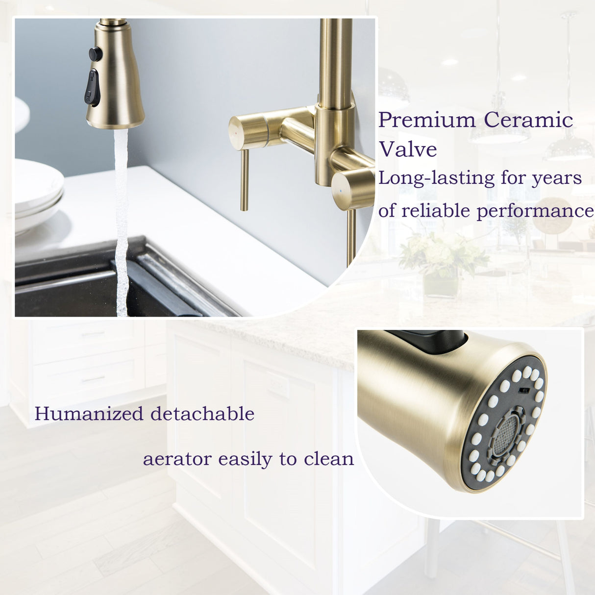 Wall Mounted 3-Way Black/Gold Rotary Kitchen Faucet with Pull Down Sprayer In Stainless Steel