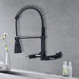 Wall Mounted 3-Way Black/Gold Rotary Kitchen Faucet with Pull Down Sprayer In Stainless Steel