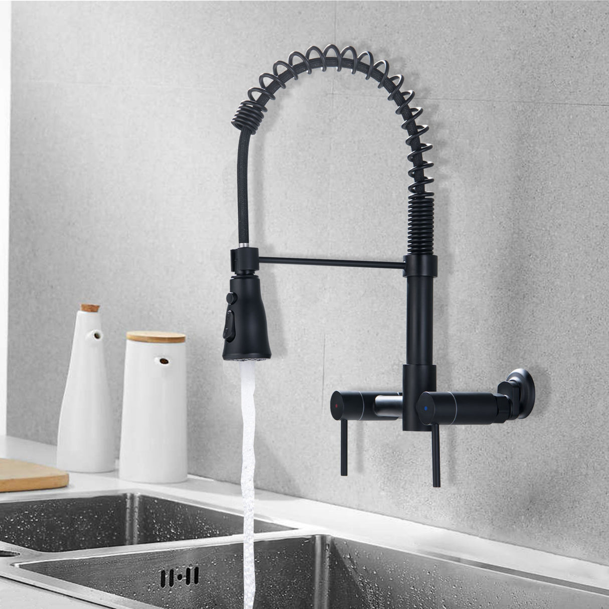 Wall Mounted 3-Way Black/Gold Rotary Kitchen Faucet with Pull Down Sprayer In Stainless Steel