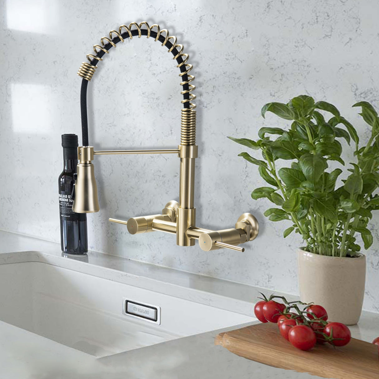 Wall Mounted 3-Way Black/Gold Rotary Kitchen Faucet with Pull Down Sprayer In Stainless Steel