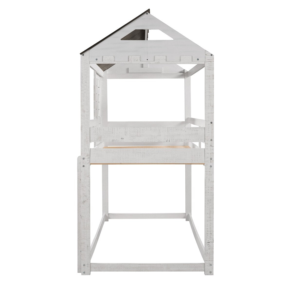 Antique White Twin Over Twin Playhouse Inspired Bunk Bed with Sloping Roof, Window, Full-length Guardrails, Ladder