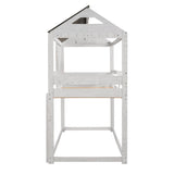 Antique White Twin Over Twin Playhouse Inspired Bunk Bed with Sloping Roof, Window, Full-length Guardrails, Ladder