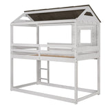 Antique White Twin Over Twin Playhouse Inspired Bunk Bed with Sloping Roof, Window, Full-length Guardrails, Ladder
