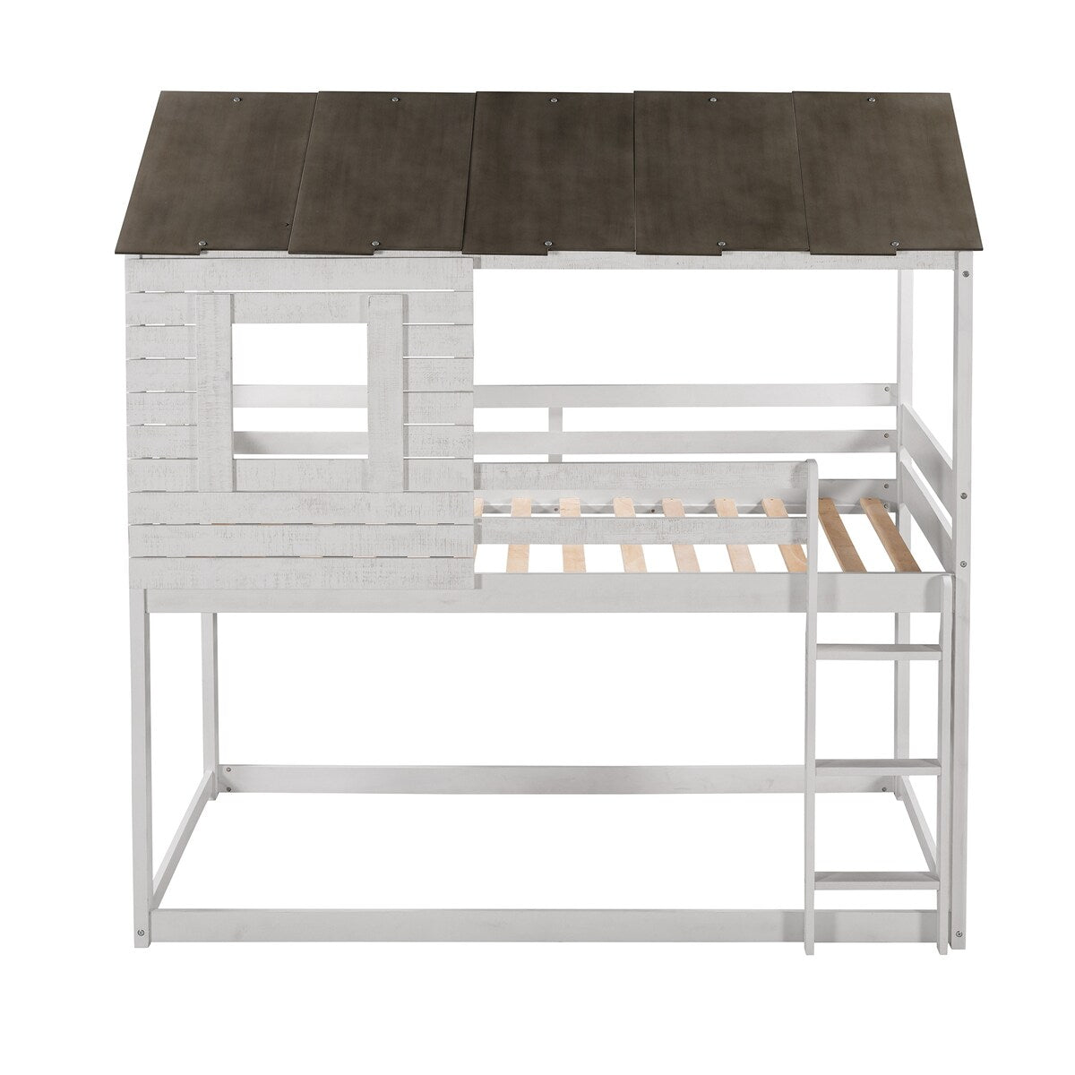 Antique White Twin Over Twin Playhouse Inspired Bunk Bed with Sloping Roof, Window, Full-length Guardrails, Ladder