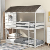 Antique White Twin Over Twin Playhouse Inspired Bunk Bed with Sloping Roof, Window, Full-length Guardrails, Ladder