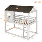 Antique White Twin Over Twin Playhouse Inspired Bunk Bed with Sloping Roof, Window, Full-length Guardrails, Ladder