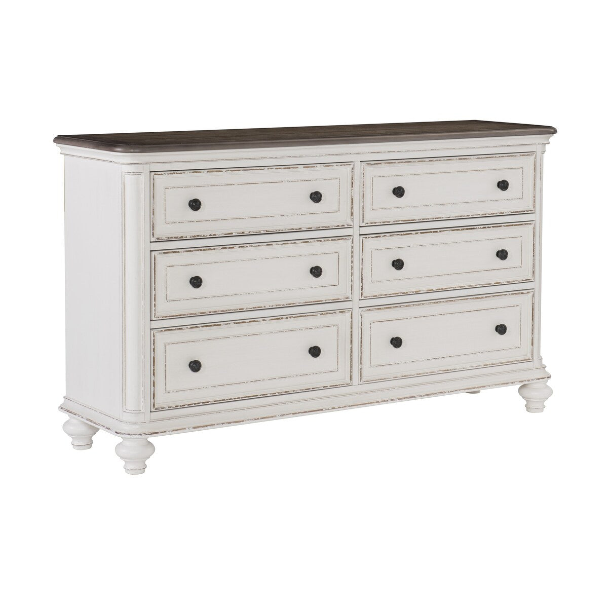 Antique White and Brown Gray Finish1pc Dresser of 6x Drawers Black Knobs Traditional Design Bedroom Furniture