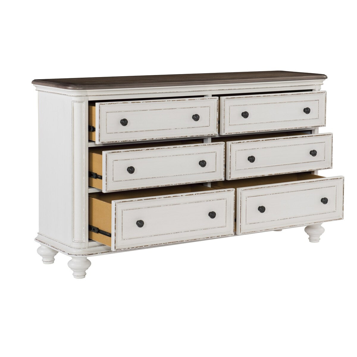 Antique White and Brown Gray Finish1pc Dresser of 6x Drawers Black Knobs Traditional Design Bedroom Furniture