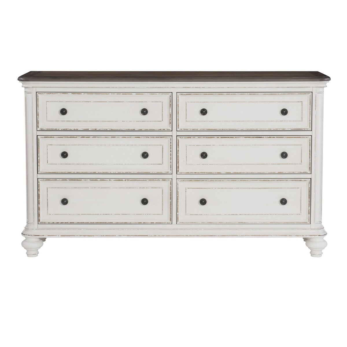 Antique White and Brown Gray Finish1pc Dresser of 6x Drawers Black Knobs Traditional Design Bedroom Furniture