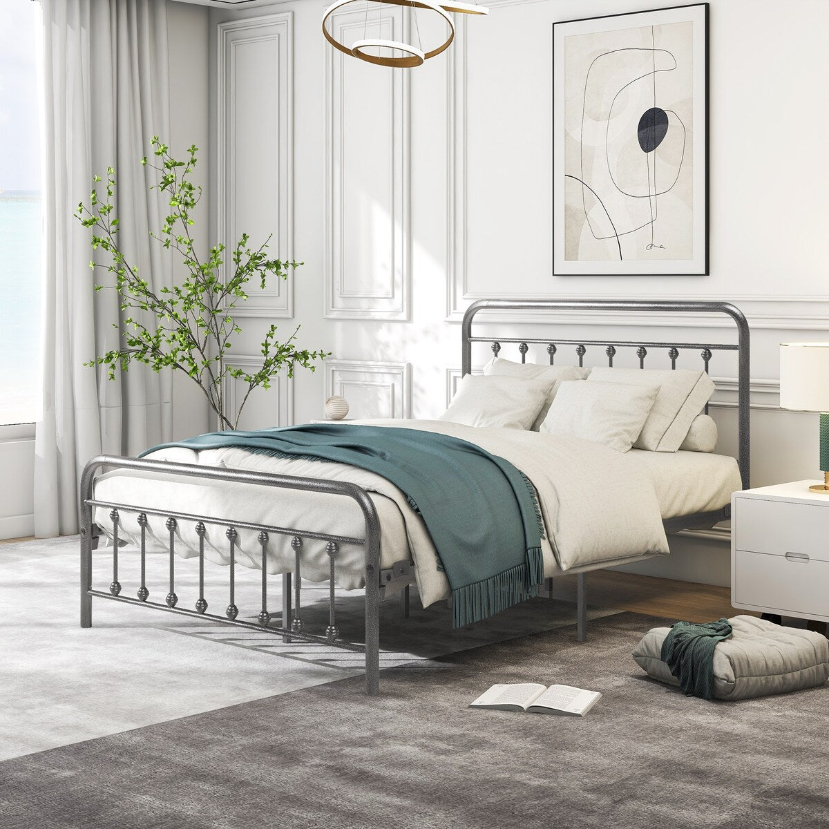 Antique Industrial Bed Frame Chrome Iron Bed Charcoal Gray