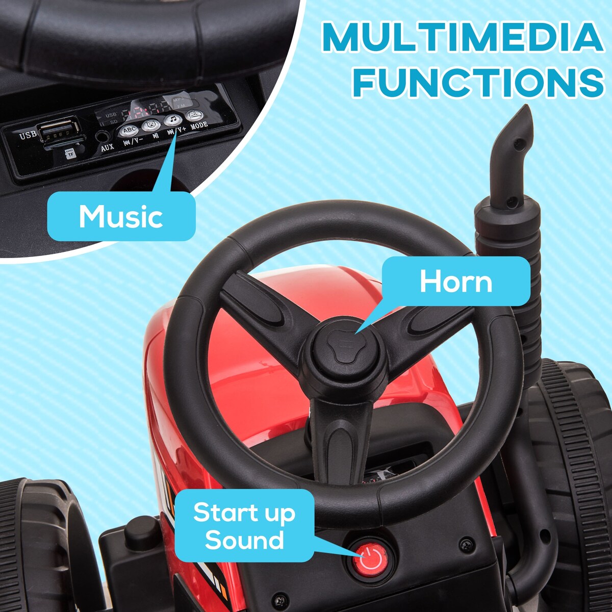 Aosom 12V Ride on Tractor with Trailer, 25W Dual Motors, Battery Powered Electric Tractor with Remote Control