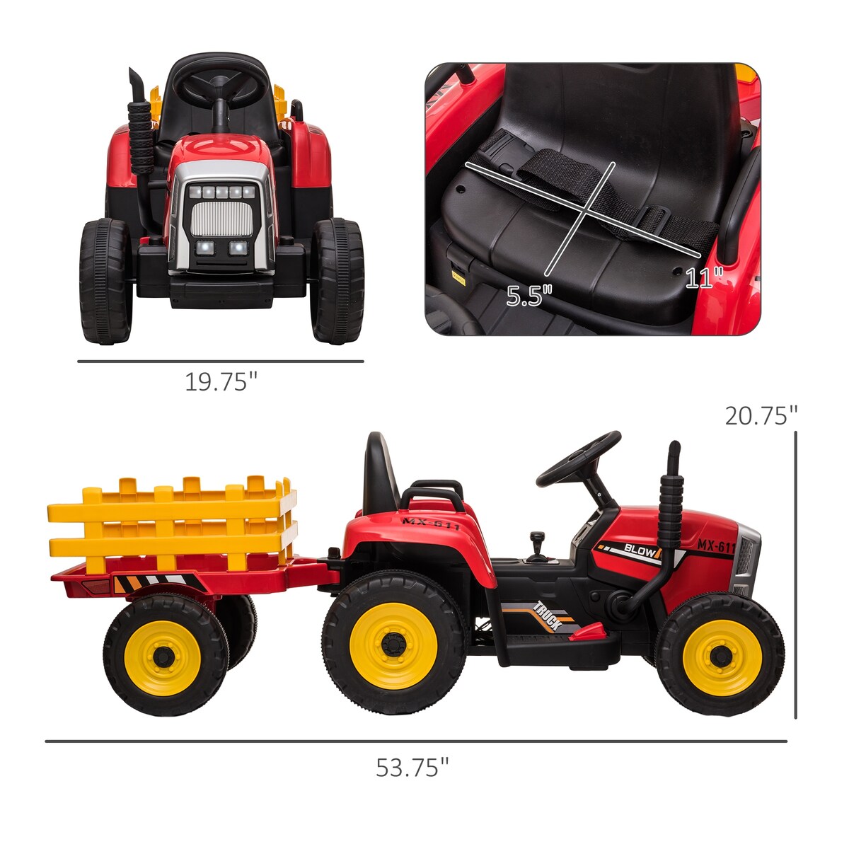 Aosom 12V Ride on Tractor with Trailer, 25W Dual Motors, Battery Powered Electric Tractor with Remote Control