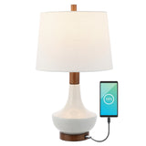 Apollo 23" Vintage Minimalist Iron/Ceramic LED Mini Table Lamp with USB Charging Port, Wood Finished/White by JONATHAN Y
