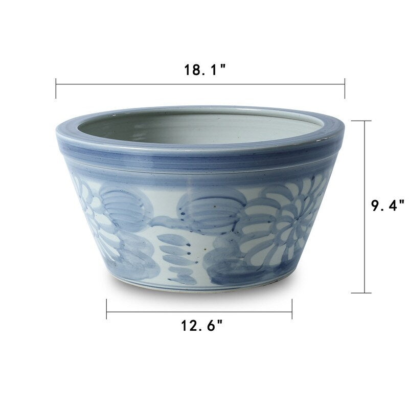 Approx. 18 Inches Wide Blue and White Planter with Flower Motif