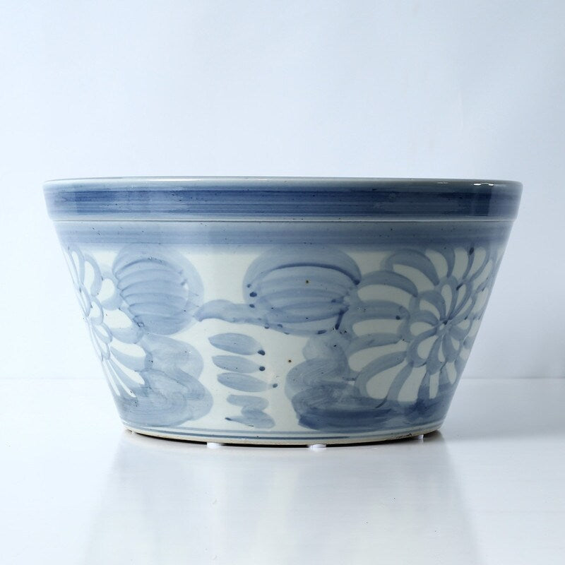 Approx. 18 Inches Wide Blue and White Planter with Flower Motif