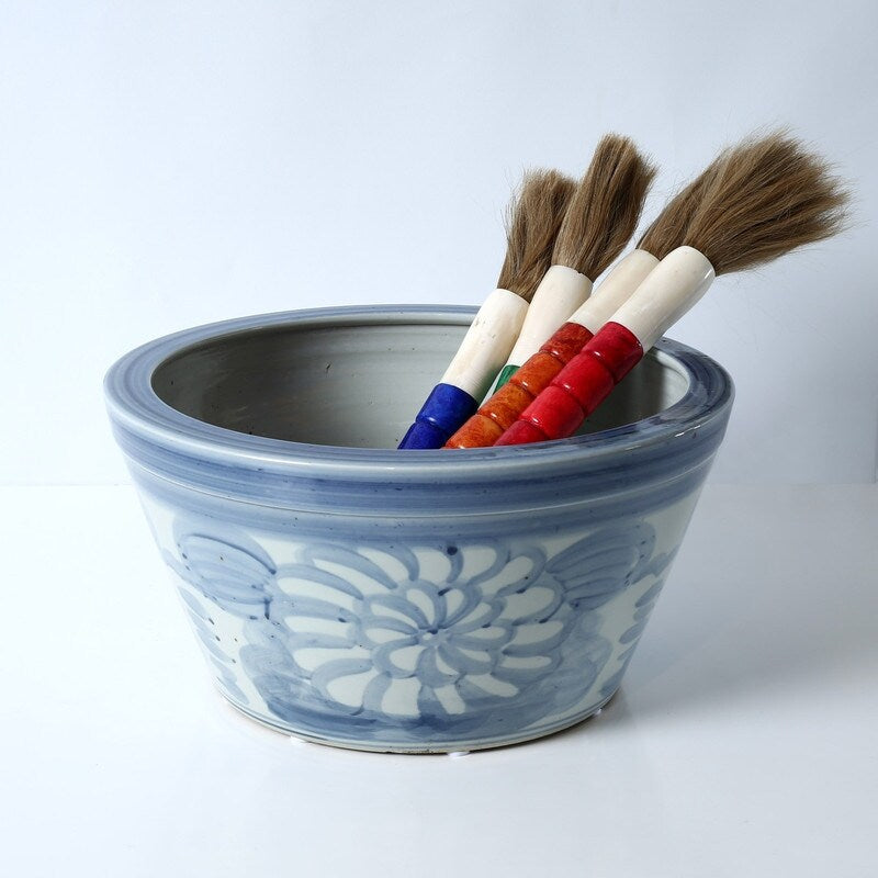 Approx. 18 Inches Wide Blue and White Planter with Flower Motif
