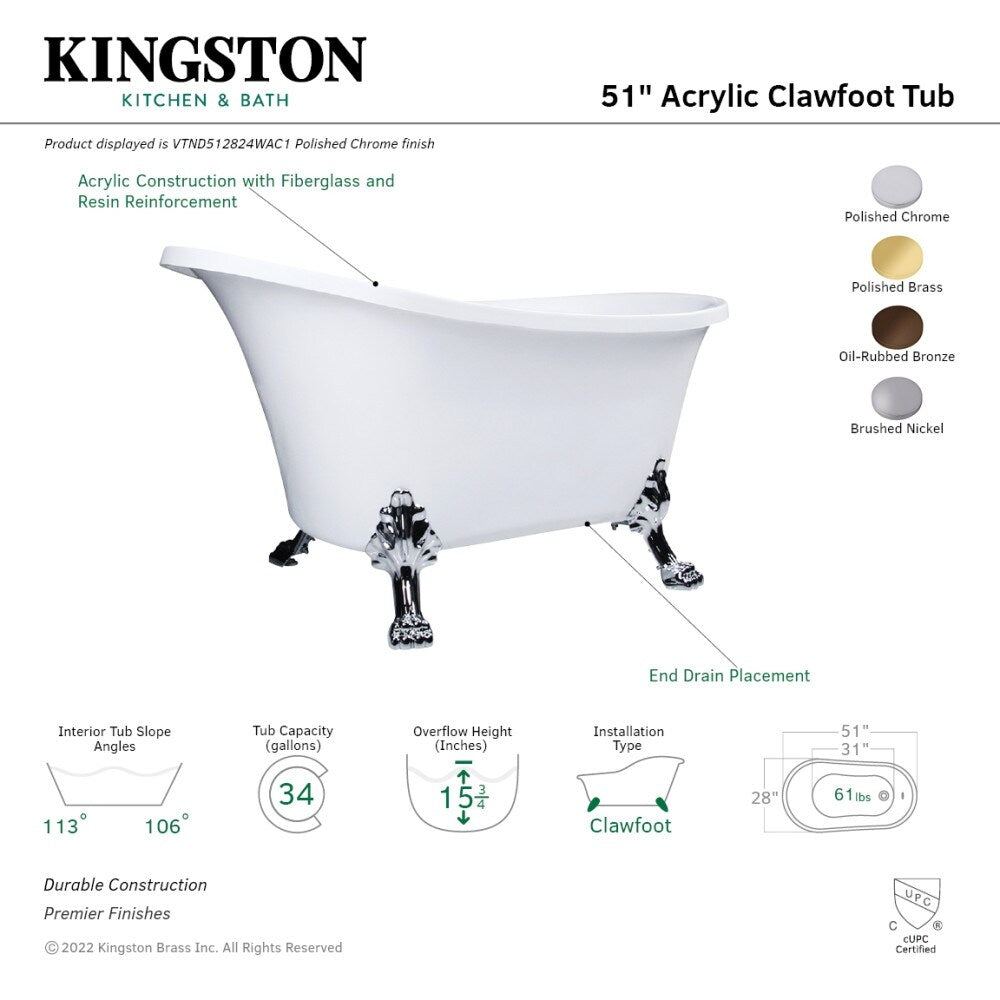 Kingston Brass Aqua Eden Slipper Clawfoot 51 in. Soaking Bathtub