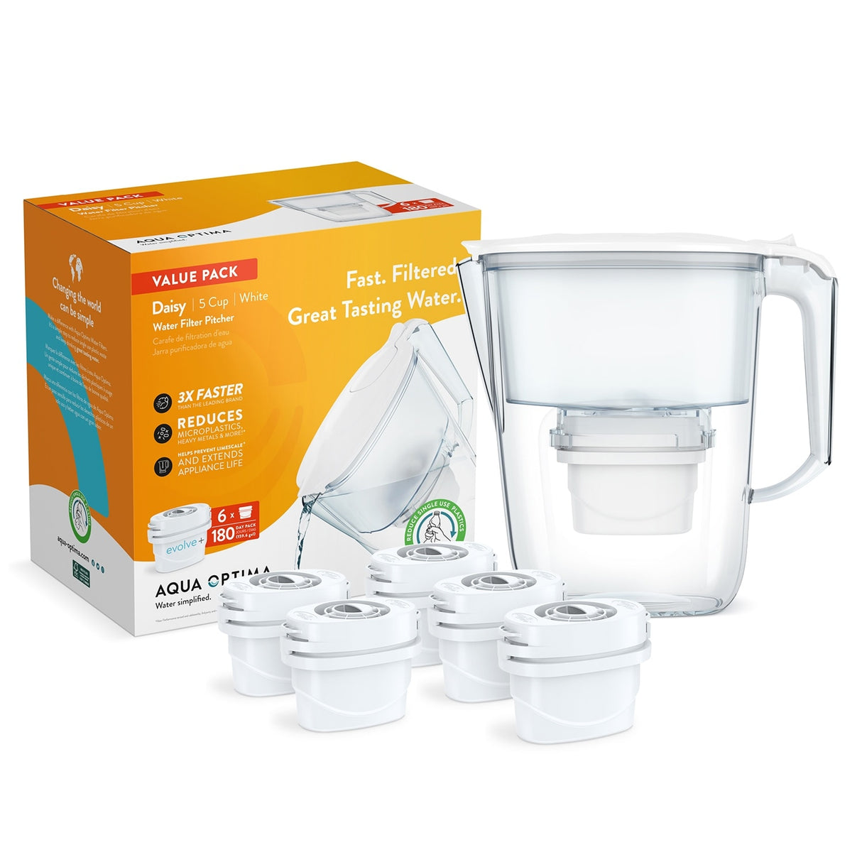 Aqua Optima Water Filter Pitcher Value Pack with 6 Evolve+ Filter, Daisy Design, White