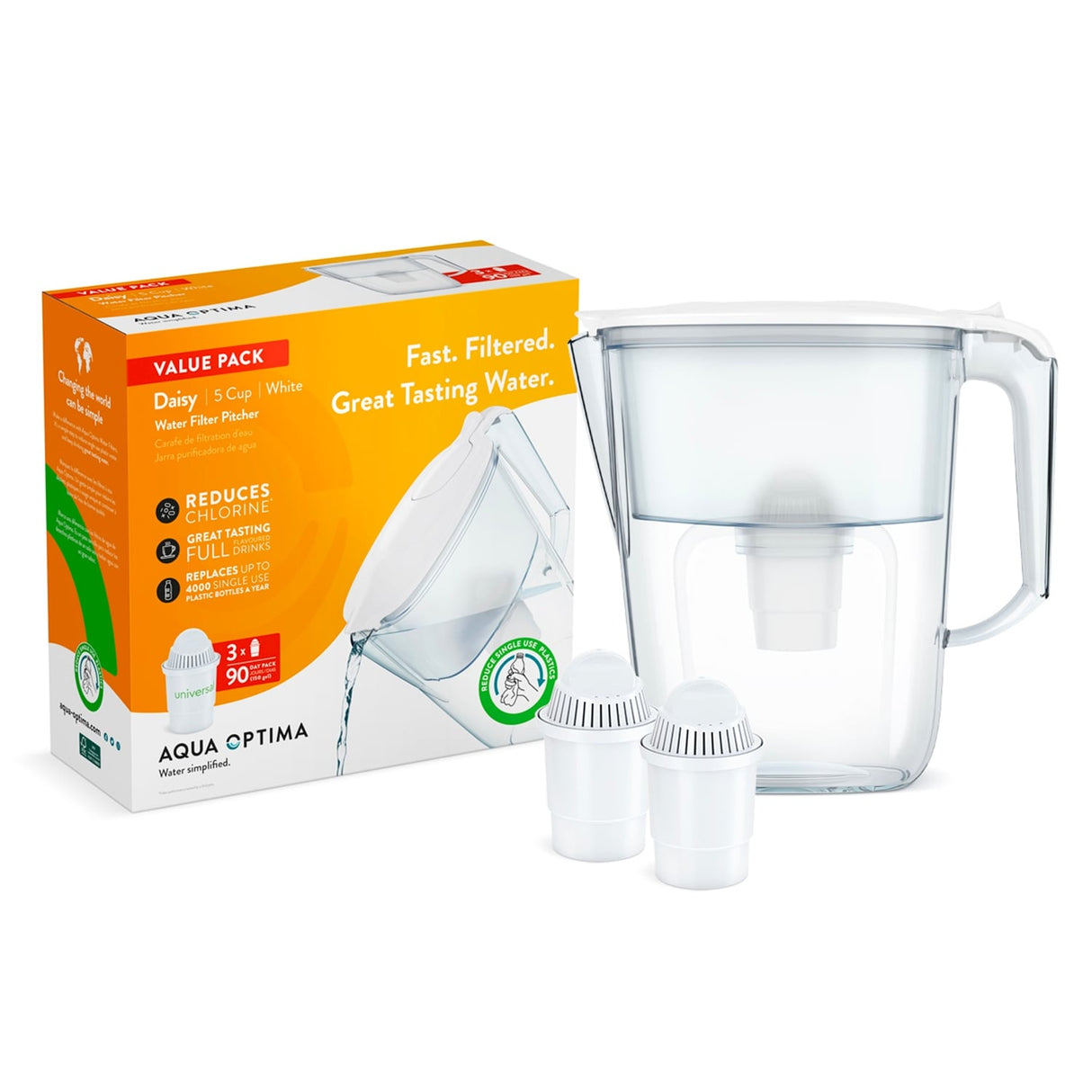 Aqua Optima Water Filter Pitcher Value Pack, with 3 Compact Filter, Daisy Design, White