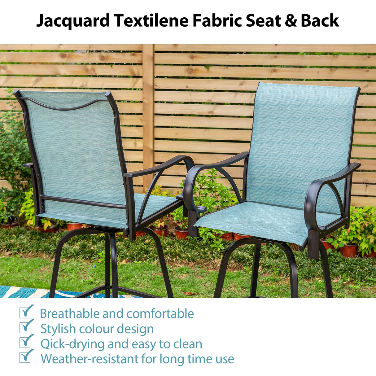 MAISON ARTS Aqua Textilene Swivel Patio Bar Stool Sets with Wood-look High Bar Table