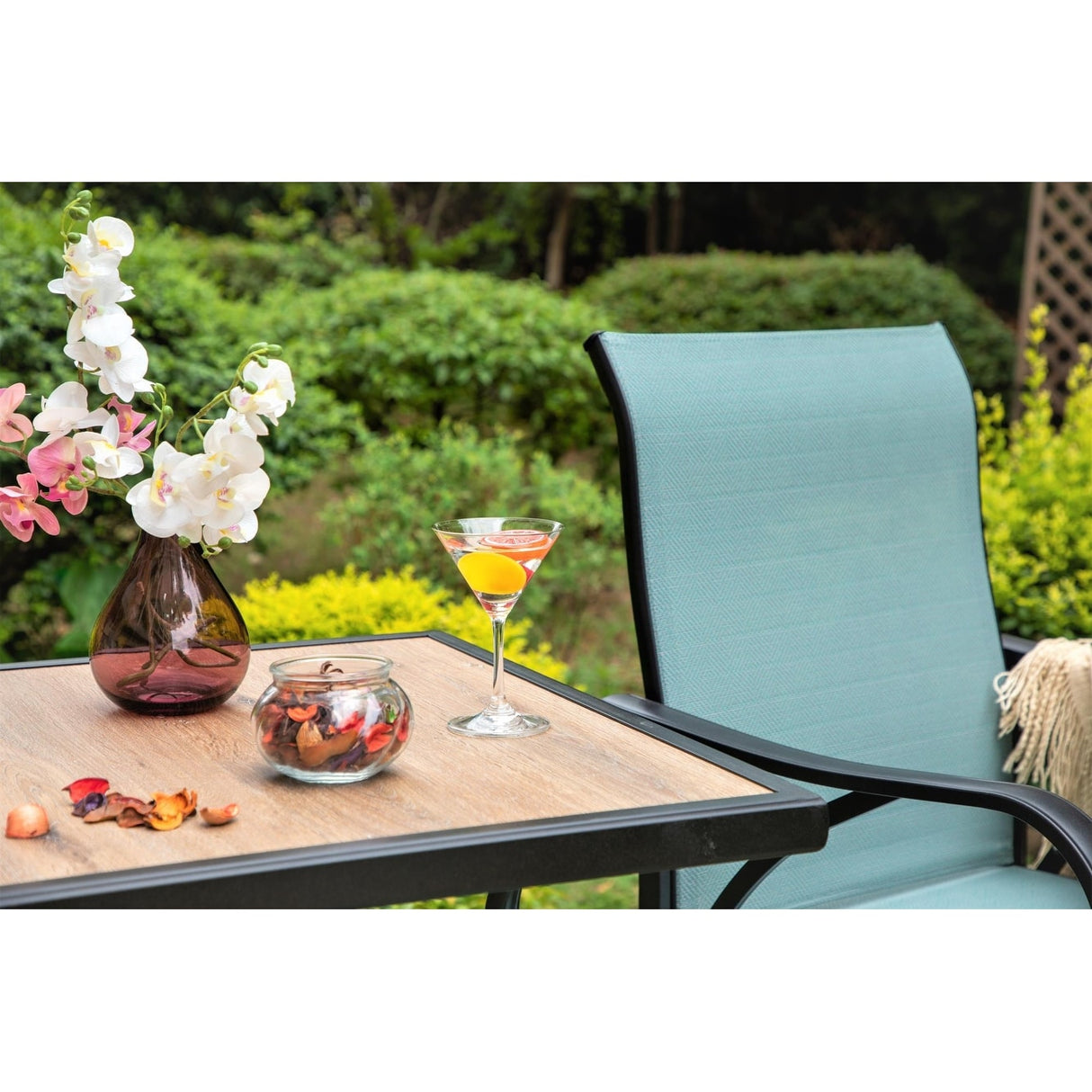 MAISON ARTS Aqua Textilene Swivel Patio Bar Stool Sets with Wood-look High Bar Table